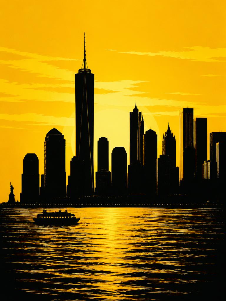 High-contrast illustration of the Manhattan skyline at sunset